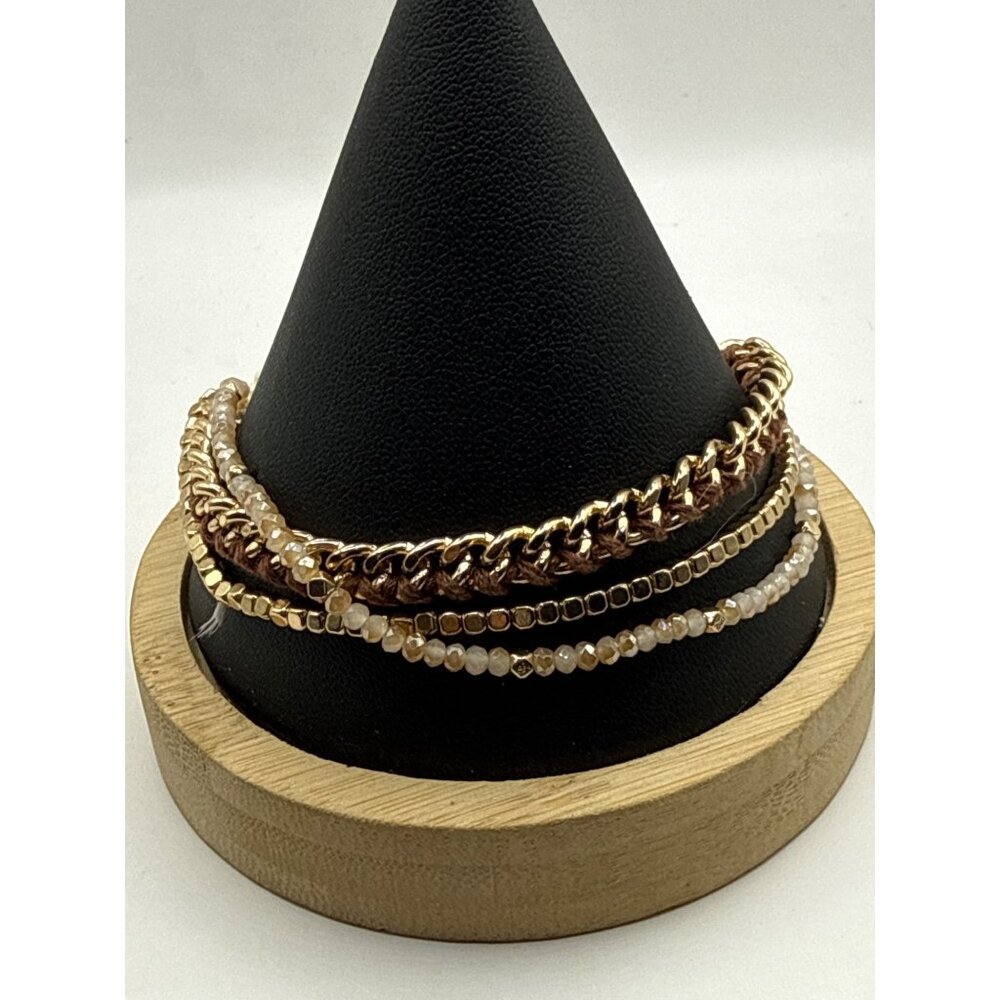 Stacked Gold Tone Combination Multi Strand Curb Cuban Link Chain Bead Bracelet